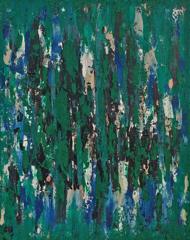 Yakamoza- abstract painting with dark green tones, black, beige and blue, tree bark-like textured layers moving vertically across the canvas.