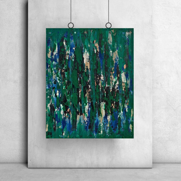 Yakamoza- interior design, abstract painting with different dark green tones, black, beige and blue, tree bark-like textured layers, and vertical movement across the canvas.