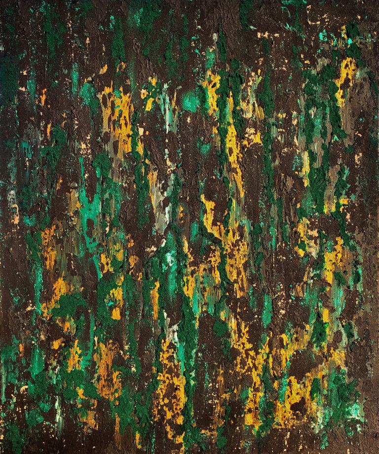 Textured abstract painting featuring layered green, black, white, and gold fragments, creating a dense organic pattern with heavy surface depth.