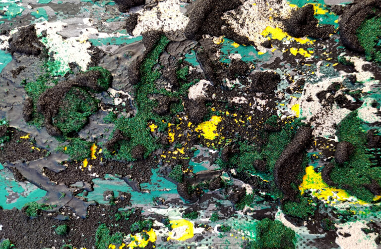 Yakamoza- Close-up of Layered abstract painting with heavy texture in black, different greens, off white, grey and yellow