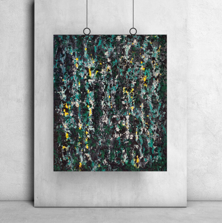 Yakamoza- Interior Design-Layered abstract painting with heavy texture in black, different greens, off white, grey and yellow.