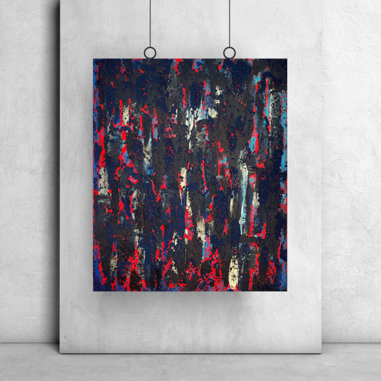 interior design textured abstract painting with bold blue, black and red layers, rough granular surface, and high-contrast vertical strokes, Yakamoza