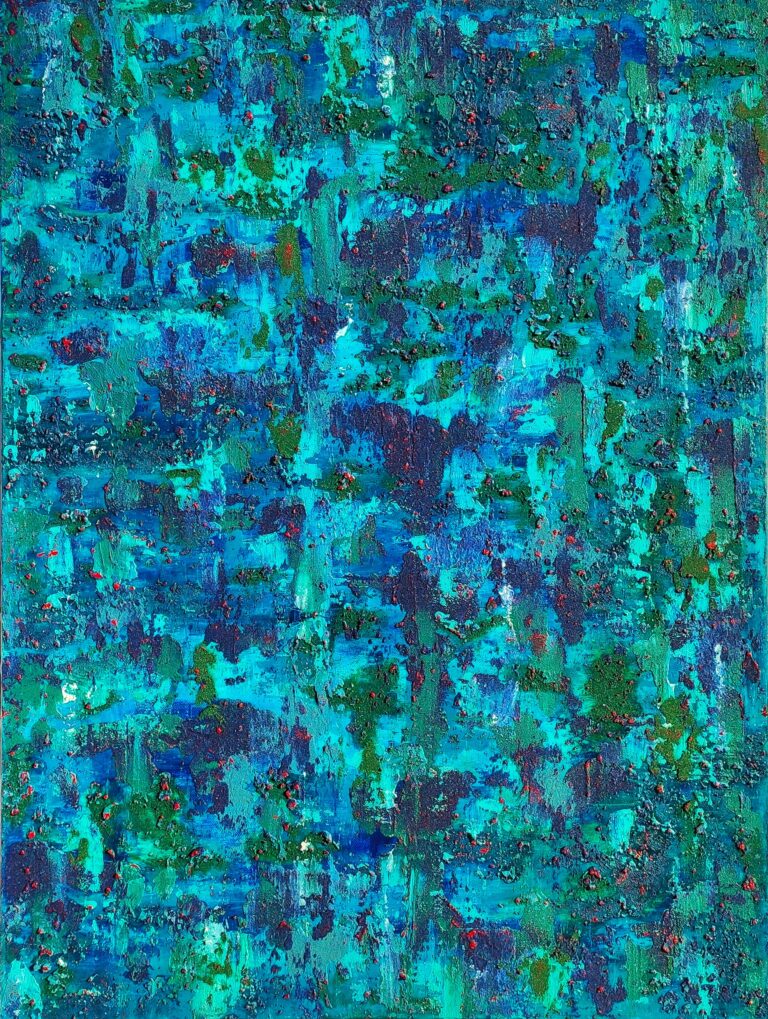 Layered abstract painting with texture in different blues, greens and red highlights