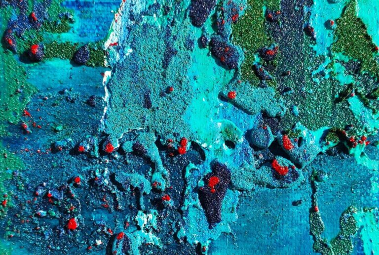 Detail of Layered abstract painting with texture in different blues, greens and red highlights