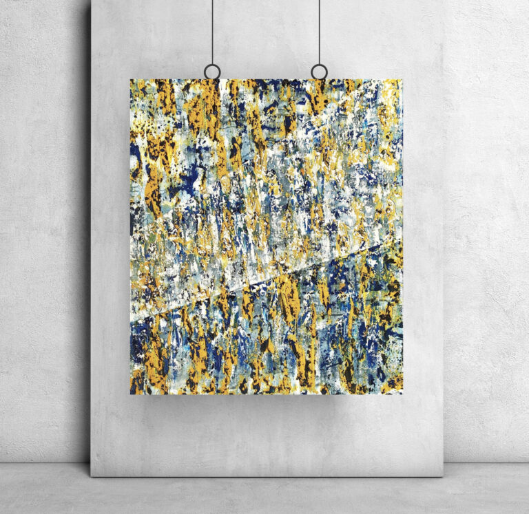 Yakamoza- Interior Design of Layered abstract painting with texture in ocher, blue, off white and black
