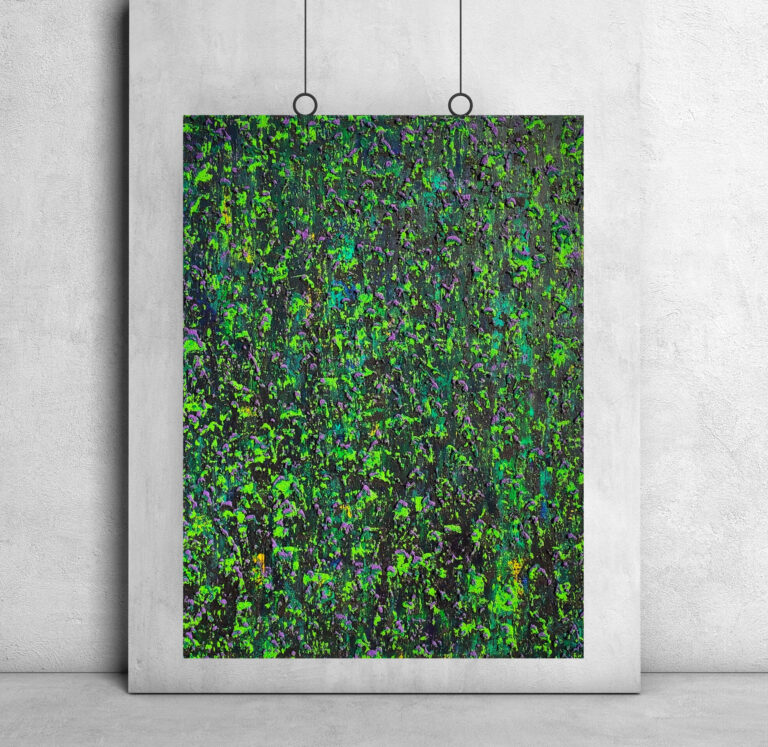 Yakamoza- interior design, abstract painting with different green tones, black, blue, yellow and purple. A strong a sand-like texture applied in several layers in mentioned colors.