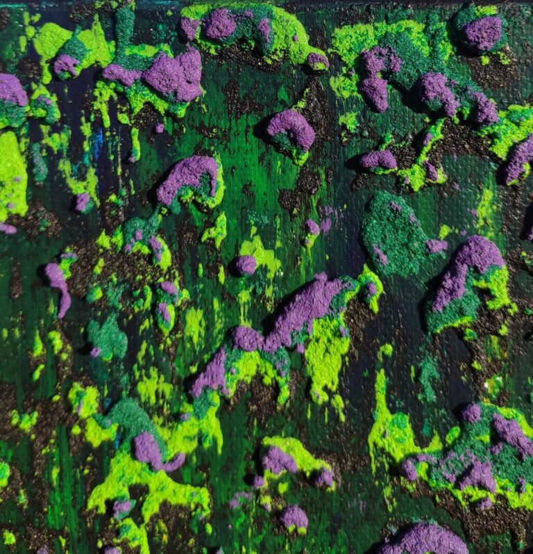Texture detail of abstract painting "Sand Texture #03" with different green tones, black, blue, yellow and purple. A strong a sand-like texture applied in several layers in mentioned colors.