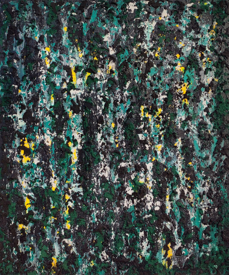 Yakamoza - Layered abstract painting with heavy texture in black, different greens, off white, grey and yellow.