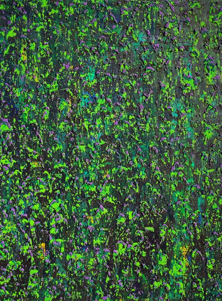 Yakamoza - Abstract painting with different green tones, black, blue, yellow and purple. A strong a sand-like texture applied in several layers in mentioned colors.