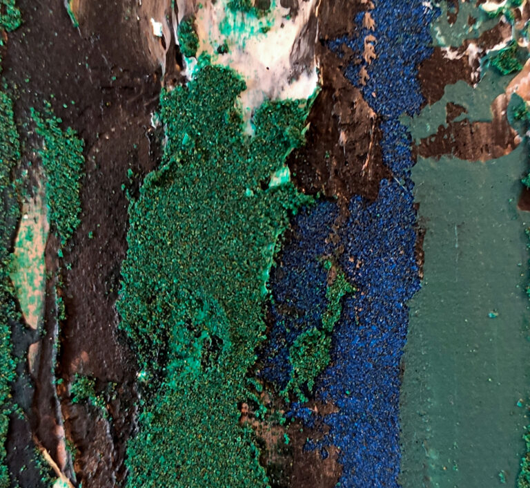 Yakamoza - Close-up of abstract painting with dark green tones, black, beige, brown and blue, tree bark-like textured layers moving vertically across the canvas.