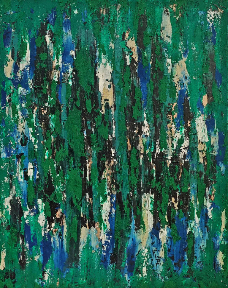 Yakamoza - Abstract painting with different dark green tones, black, beige and blue, tree bark-like textured layers, and vertical movement across the canvas.