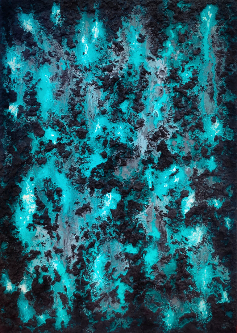 Yakamoza - Painting with strong texture; light blue and turquoise water flowing through dark rocks