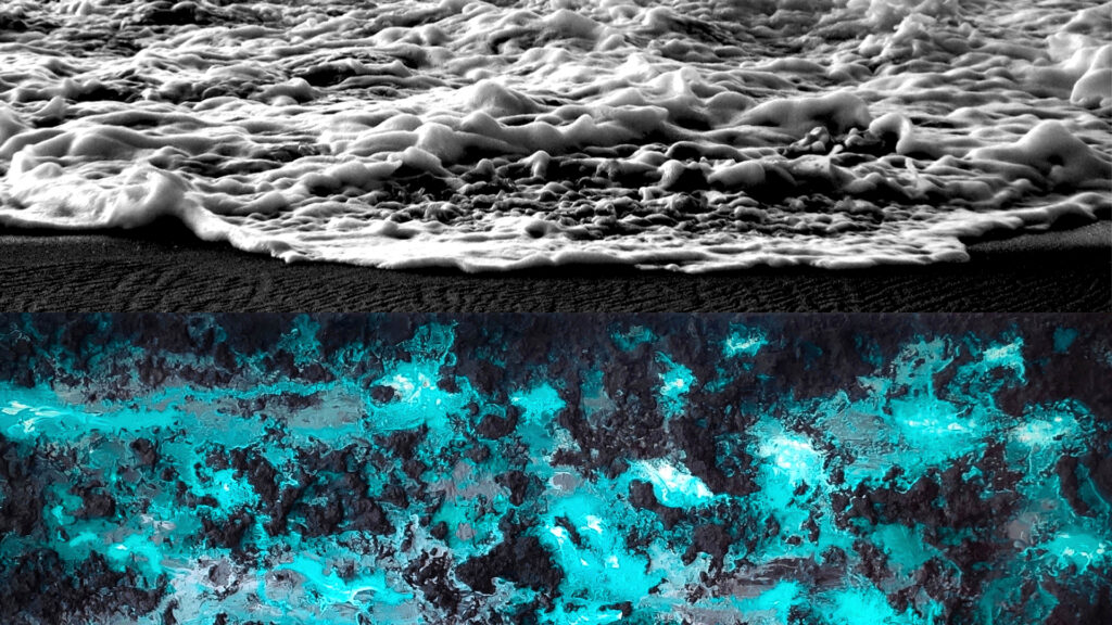 A combination of two images, fused horizontally. upper part shows a black and white photography of sea foam on sand, lower half is part of a textured painting of blue water moving through dark rocks.